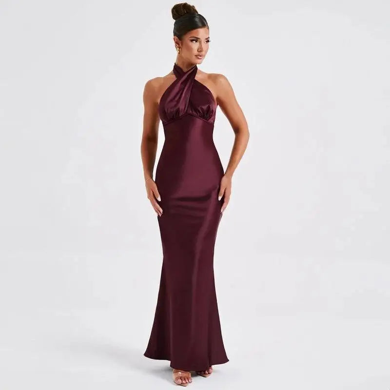 Navy Blue Elegant Backless Sleeveless Satin Gown