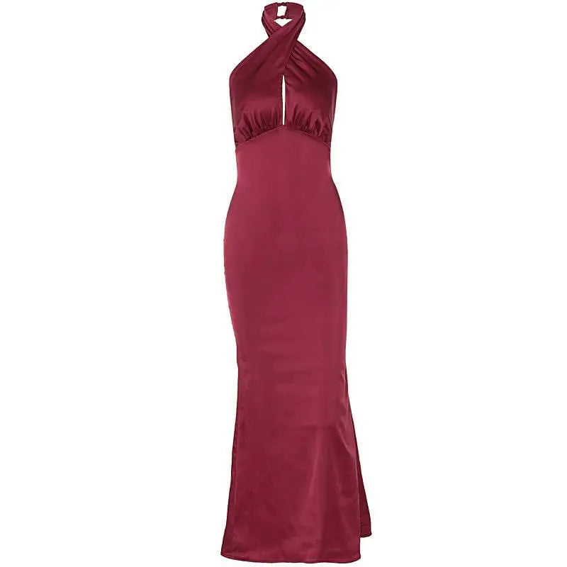 Navy Blue Elegant Backless Sleeveless Satin Gown