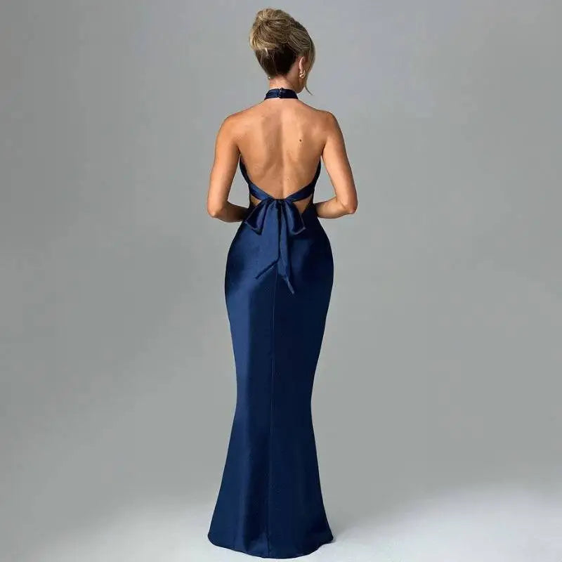 Navy Blue Elegant Backless Sleeveless Satin Gown