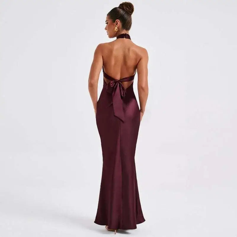 Navy Blue Elegant Backless Sleeveless Satin Gown