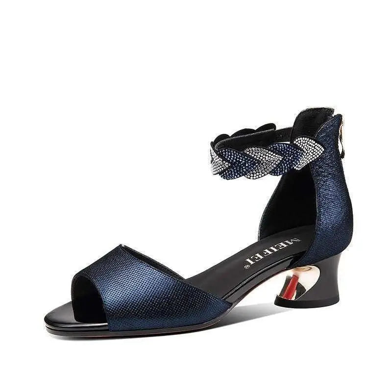 Navy Blue Fish Mouth Simple Rhinestone Block Heels