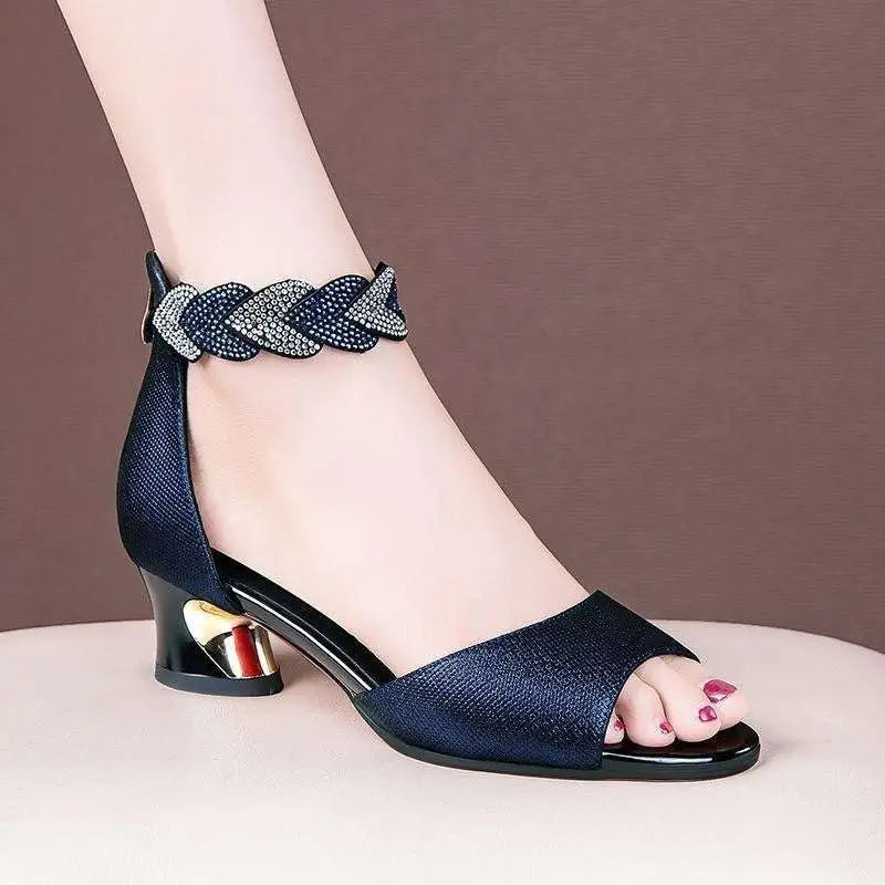 Navy Blue Fish Mouth Simple Rhinestone Block Heels
