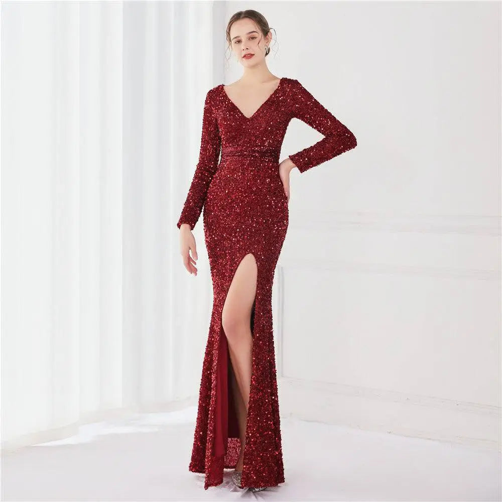 Navy Blue Long Sleeve Sequined Evening Dress