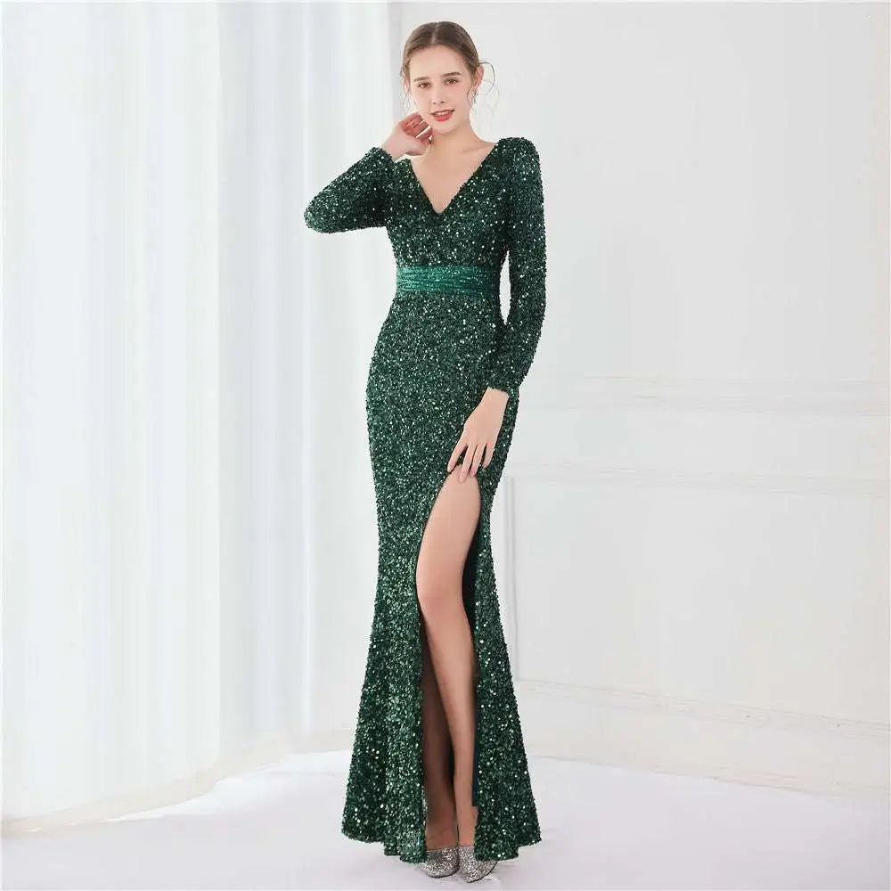 Navy Blue Long Sleeve Sequined Evening Dress
