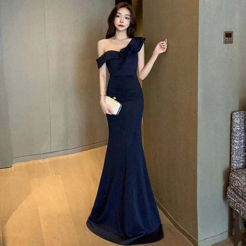 Navy Blue Satin One Shoulder Celebrity French Style Gown