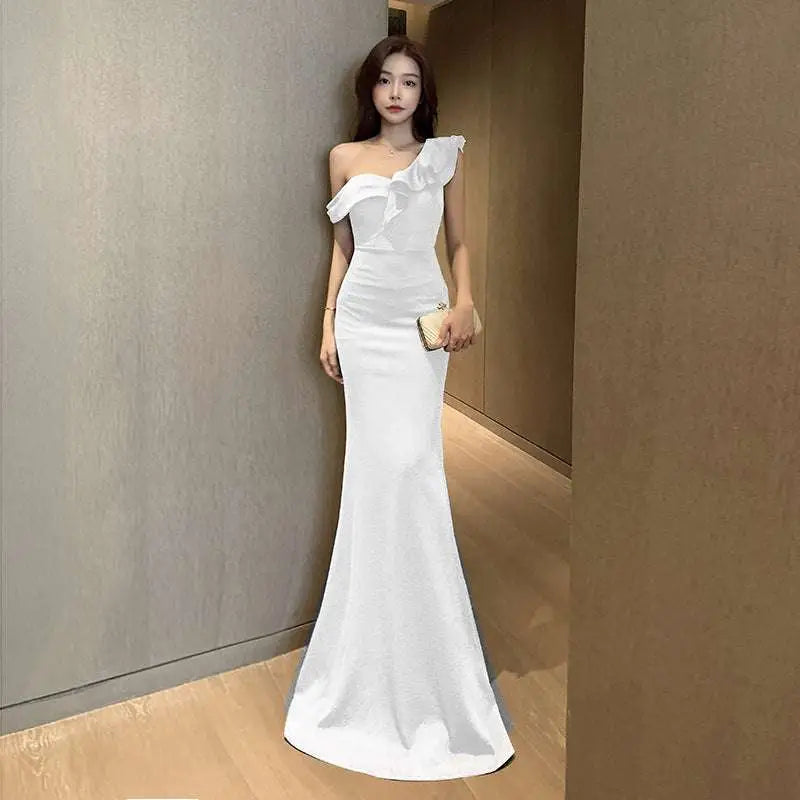 Navy Blue Satin One Shoulder Celebrity French Style Gown