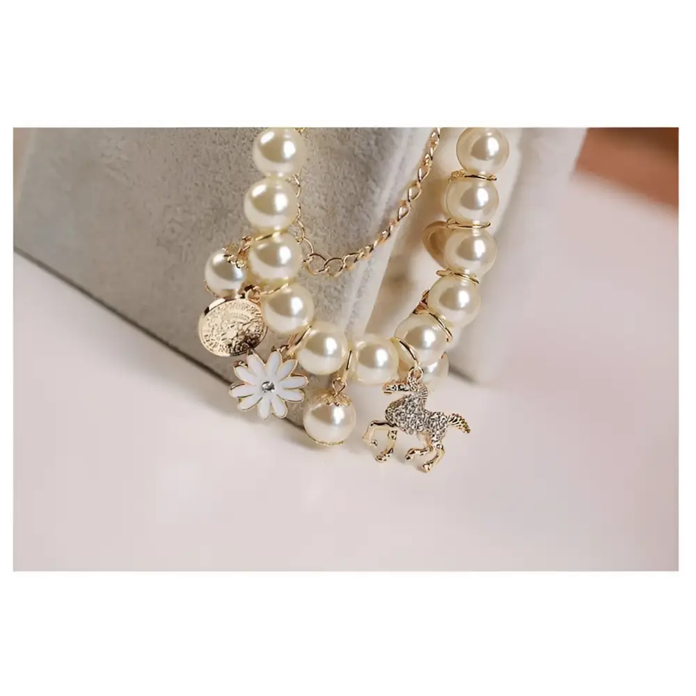 Navy Pearl Flower Bracelet with Gold Horse Charm