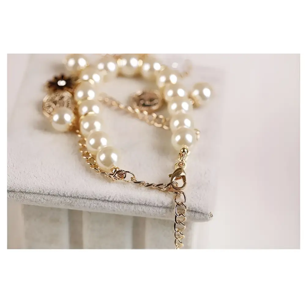 Navy Pearl Flower Bracelet with Gold Horse Charm