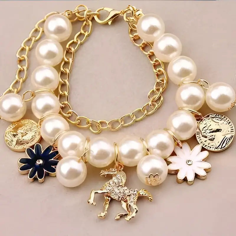 Navy Pearl Flower Bracelet with Gold Horse Charm