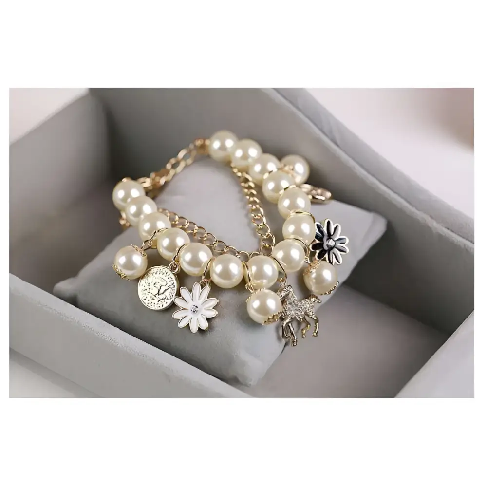 Navy Pearl Flower Bracelet with Gold Horse Charm