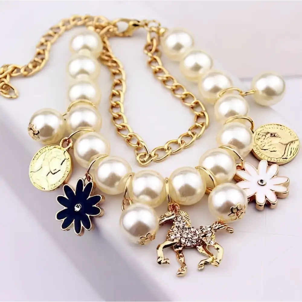 Navy Pearl Flower Bracelet with Gold Horse Charm