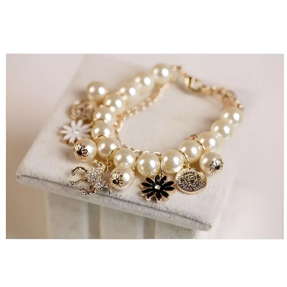 Navy Pearl Flower Bracelet with Gold Horse Charm