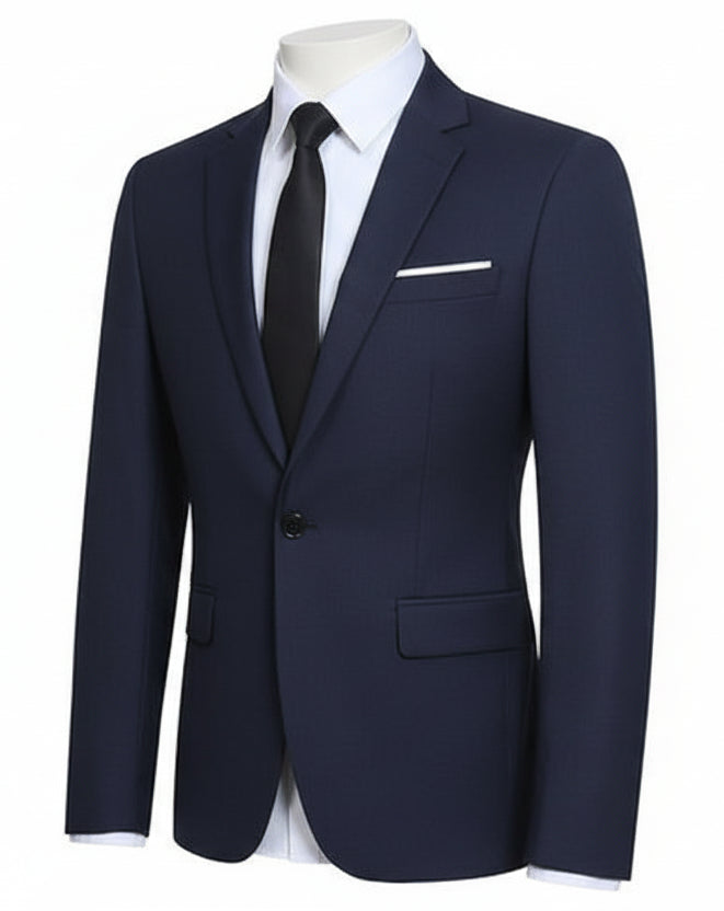 navy blue blazer with a black tie and white shirt on a white background