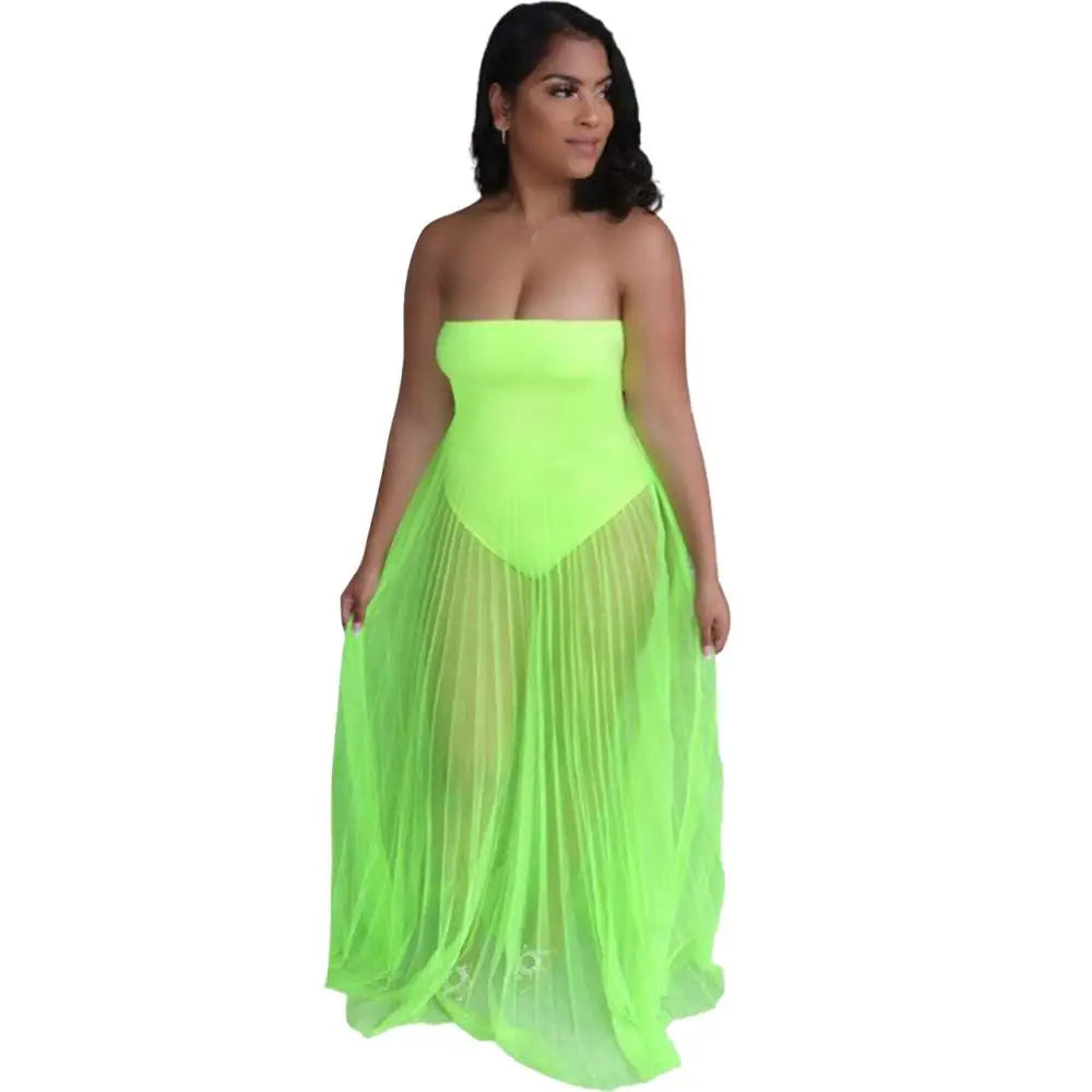Neon Green Sexy Mesh Wrapped Chest Maxi Dress