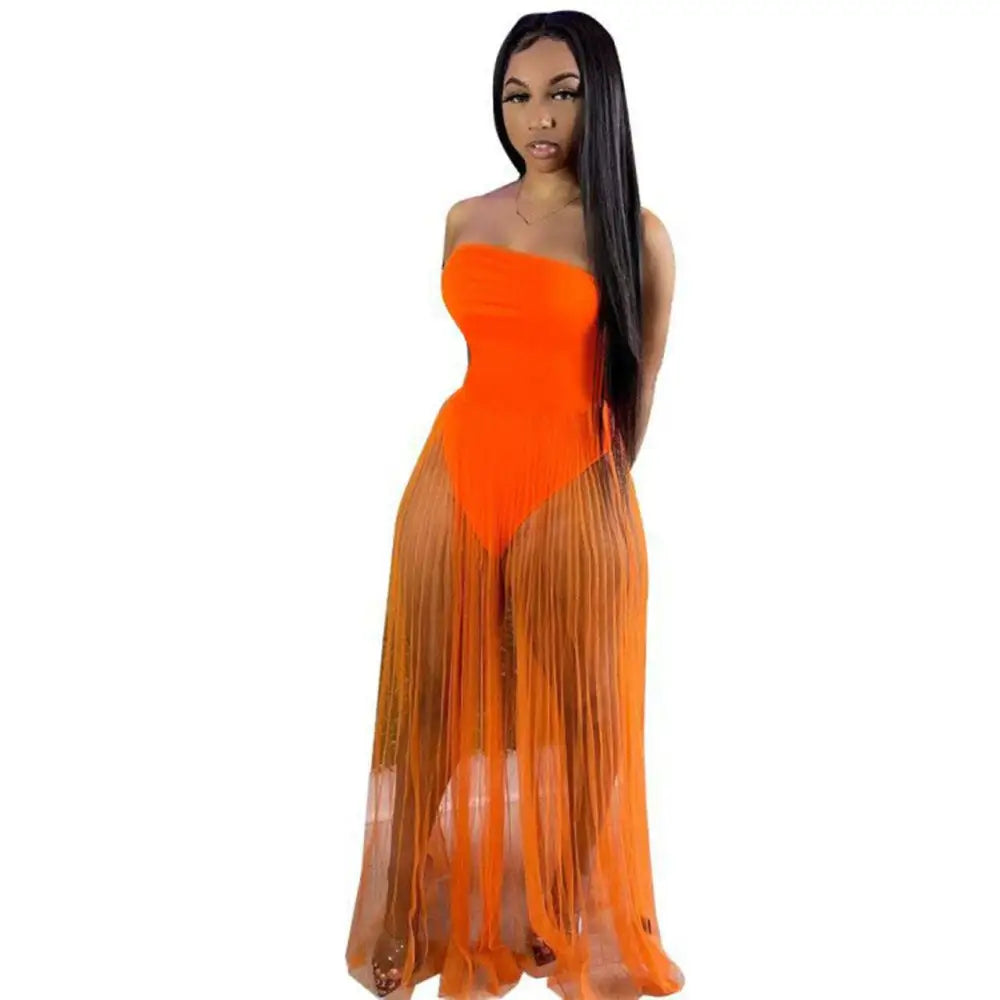 Neon Green Sexy Mesh Wrapped Chest Maxi Dress