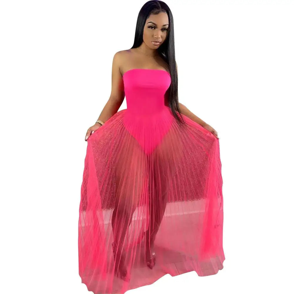 Neon Green Sexy Mesh Wrapped Chest Maxi Dress