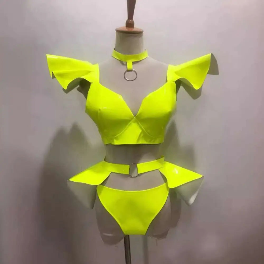 Neon Yellow Stage Costume Sexy Patent Leather Suit