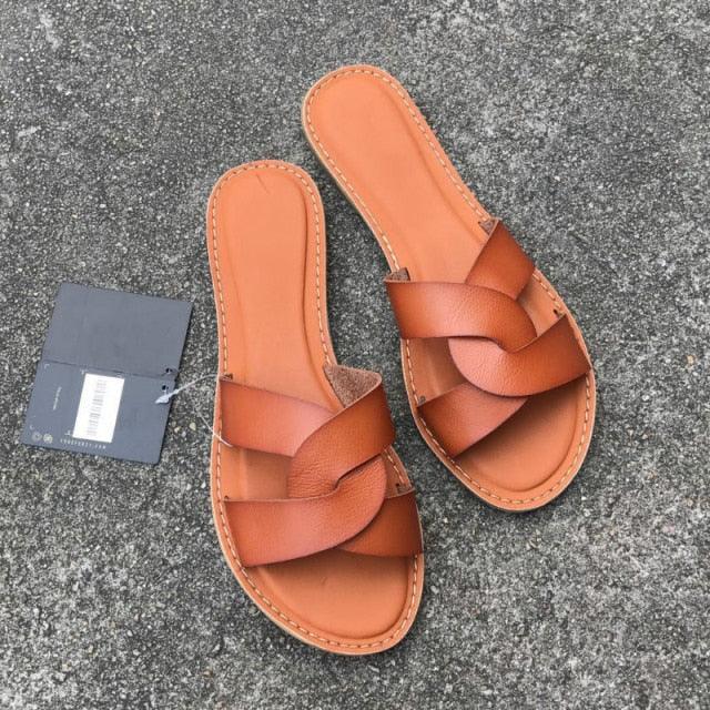 New Slides Women Summer Slippers Outdoor Summer Beach Shoes Fashion Slip-On Woman Slippers Leather Sandals Women's Flip Flops Leather Slide Beach Pool Slipper Sandals