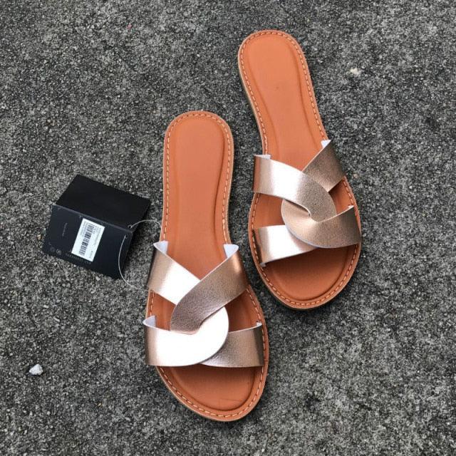 New Slides Women Summer Slippers Outdoor Summer Beach Shoes Fashion Slip-On Woman Slippers Leather Sandals Women's Flip Flops Leather Slide Beach Pool Slipper Sandals