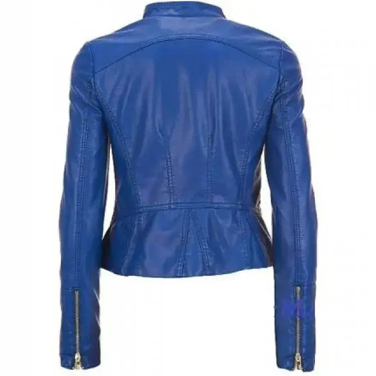 Women's Blue Leather Biker Jacket-1