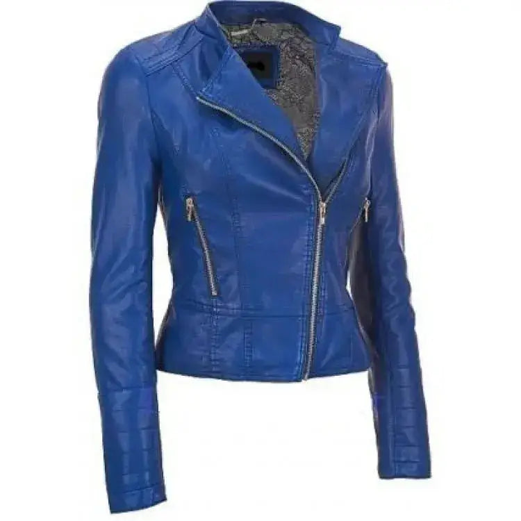 Women's Blue Leather Biker Jacket-0
