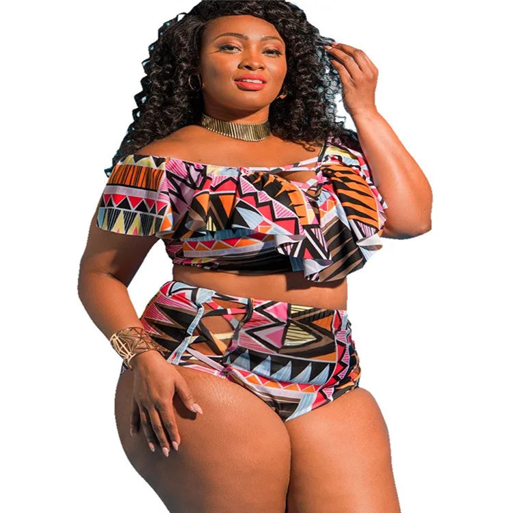 Woman wearing a colorful geometric-patterned outfit on a white background