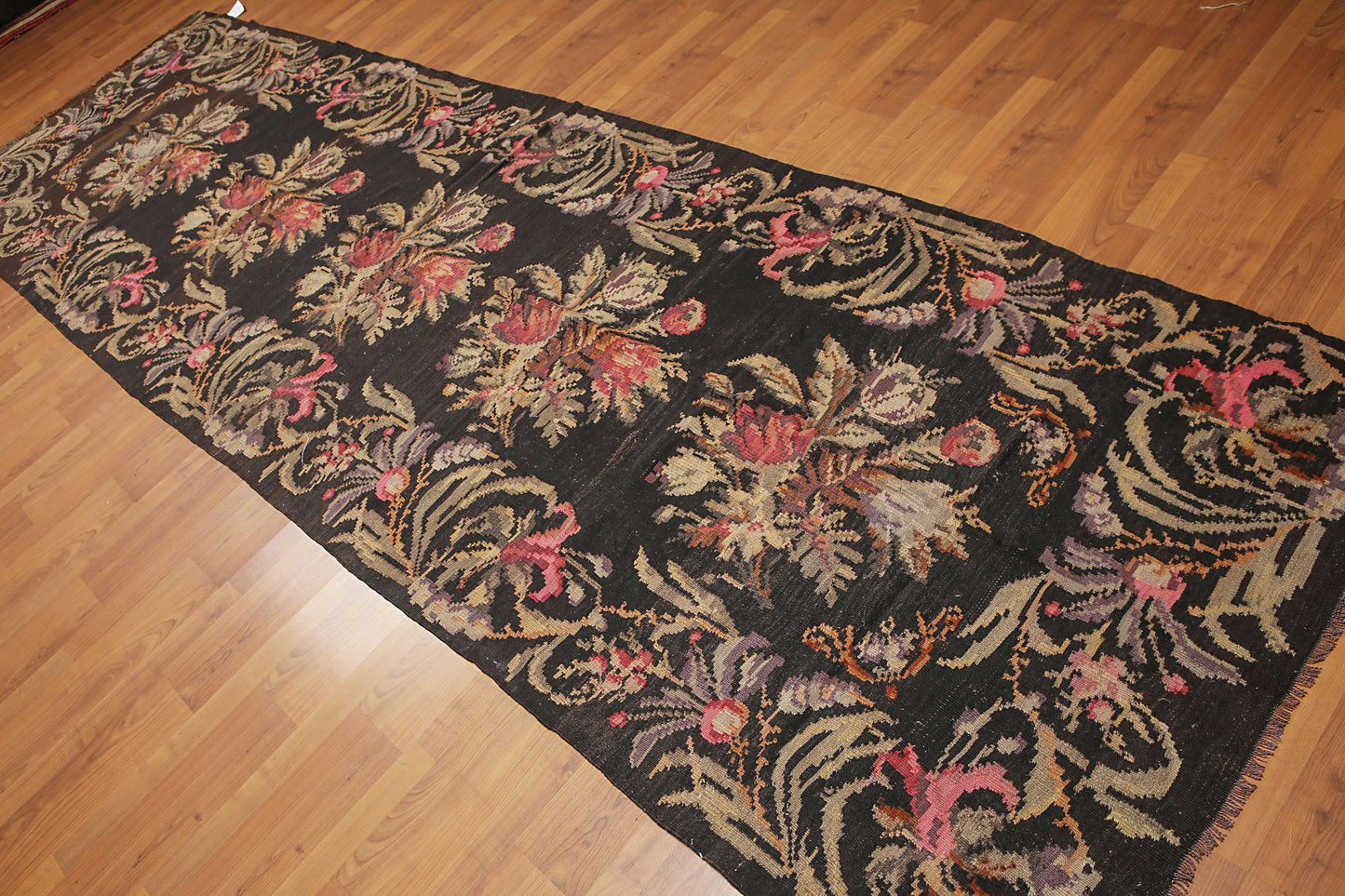 4'2''x13'5'' Vintage Hand Woven Turkish Kilim 100% Wool Runner Area Rug Charcoal-2