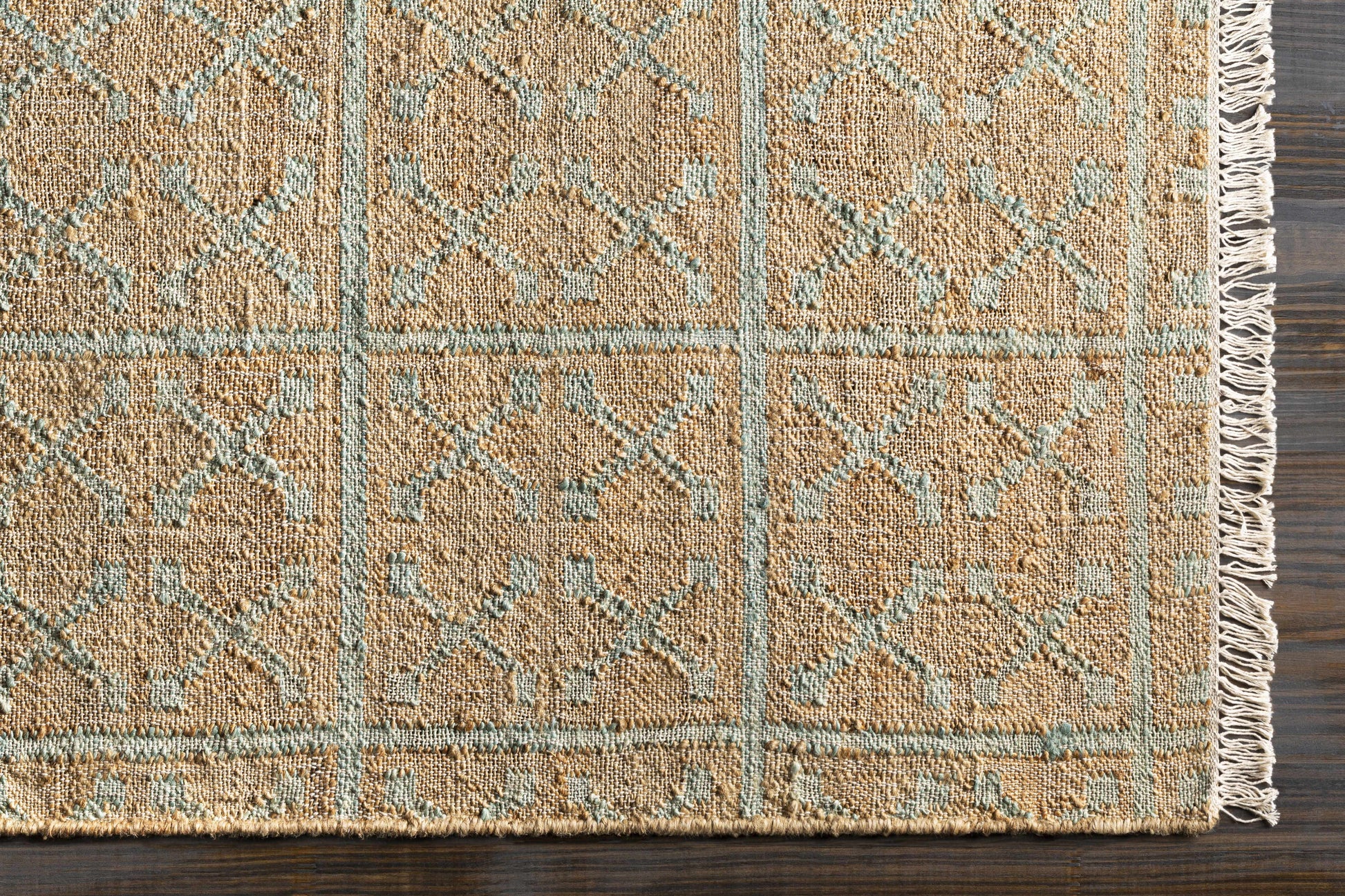Rice Dusty Sage Fringed Jute Carpet-3