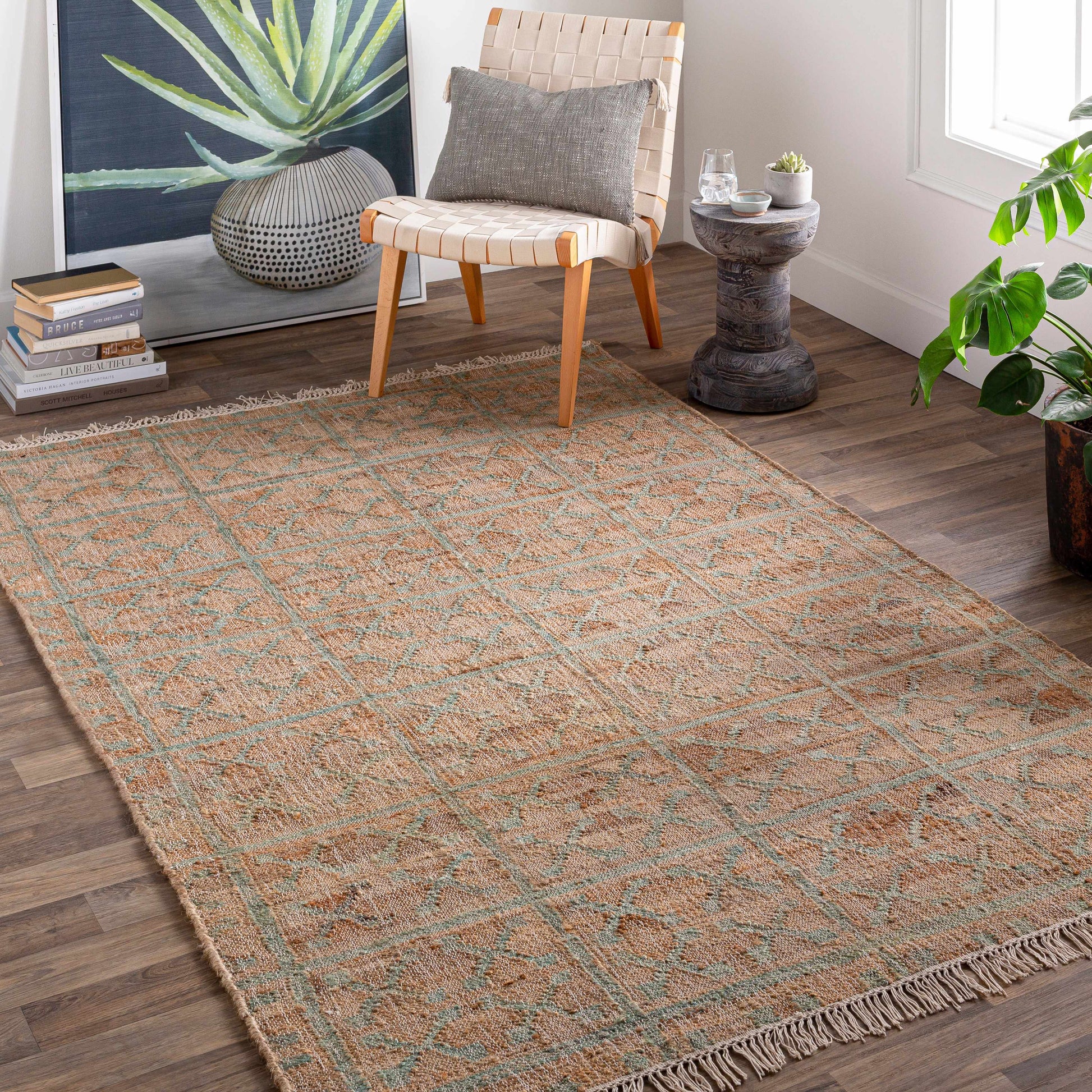 Rice Dusty Sage Fringed Jute Carpet-1