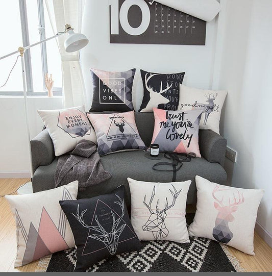 Nordic Style Pillow Covers Decorative Deer Black Throw Pillows Geometric Cushions Cover Deer Rustic Watercolor Head Popular Vintage Antlers Silhouette Pattern Wood Decorative Pillow Cases Home Decor Square 45X45cm