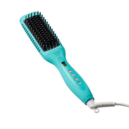 Turquoise hair straightening brush on a beige surface