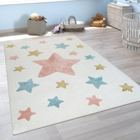 Nursery Rug for Kids Colorful Pastel Stars in Cream-0