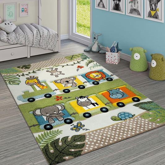Nursery Rug Lilo Cute Animals on a Train Ride - Green Cream-0