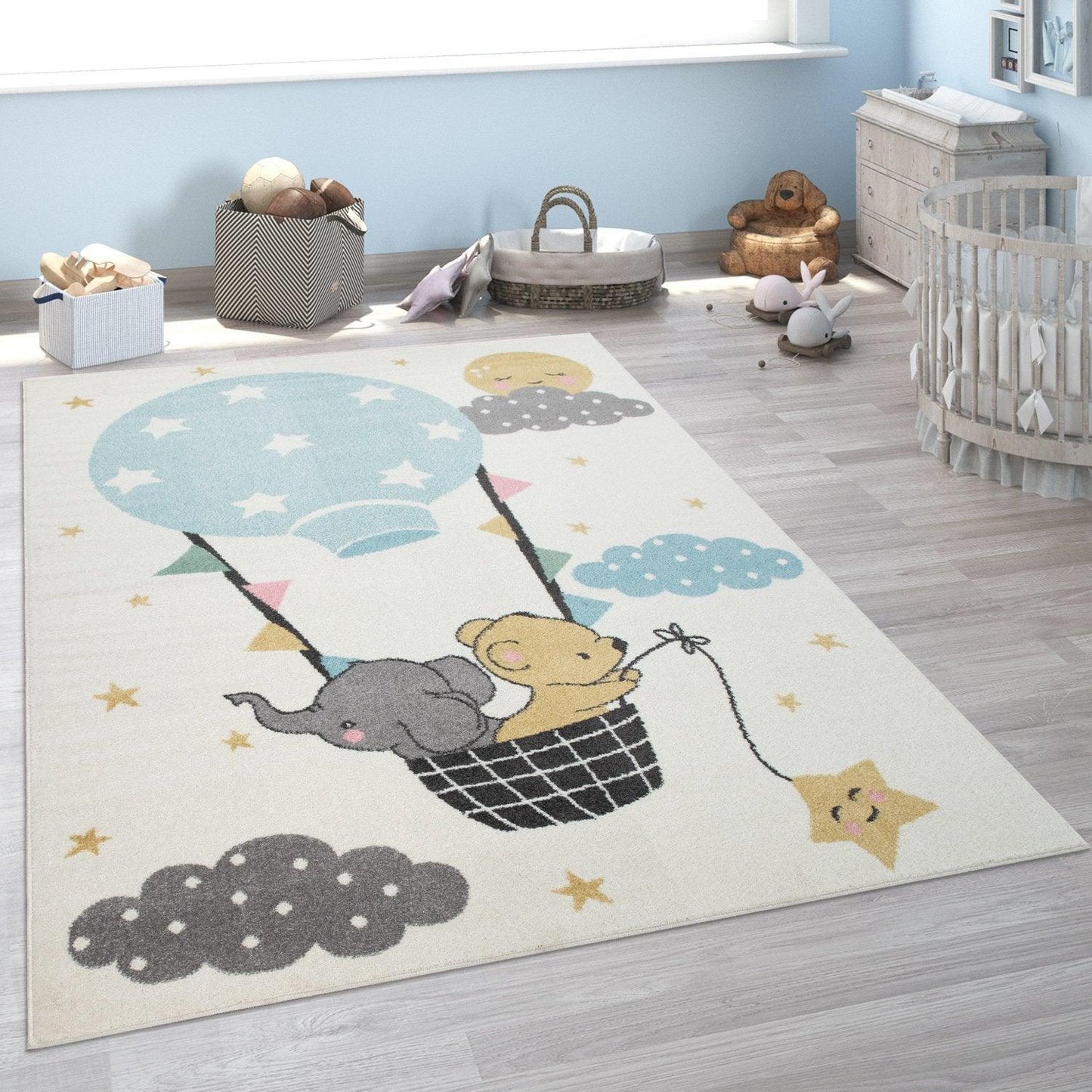 Nursery Rug For Kids, Elephant & Bear in Balloon in Cream-0
