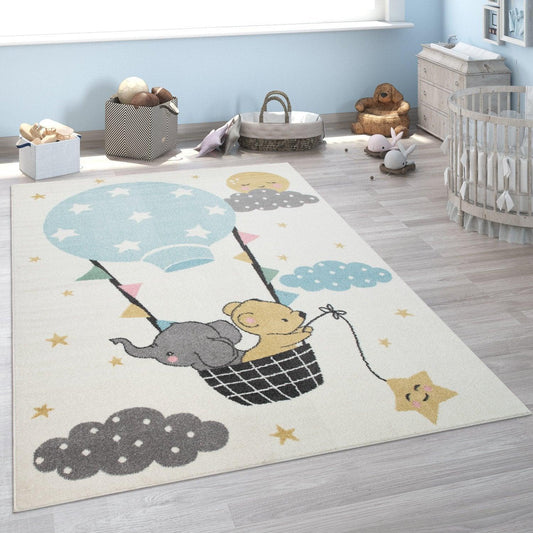Nursery Rug For Kids, Elephant & Bear in Balloon in Cream-0
