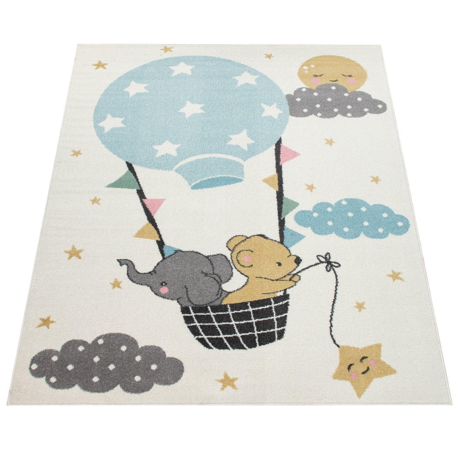 Nursery Rug For Kids, Elephant & Bear in Balloon in Cream-4