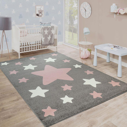 Nursery Rug for Kids in Grey with Pink White Pastel Stars-0