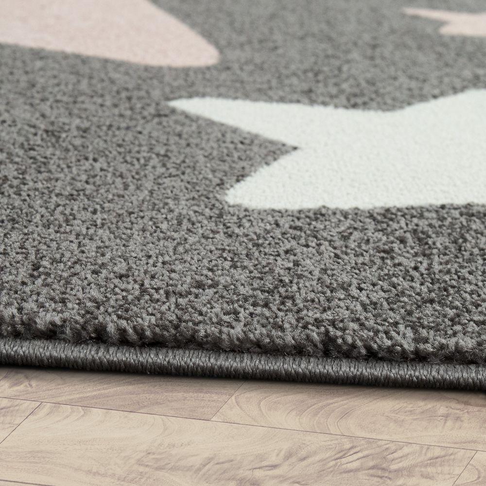 Nursery Rug for Kids in Grey with Pink White Pastel Stars-1