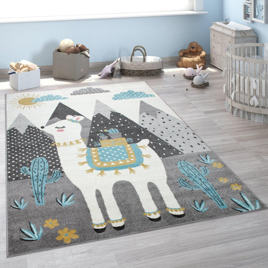 Nursery Rug For Kids Llama, Mountains in Grey Blue Cream-0
