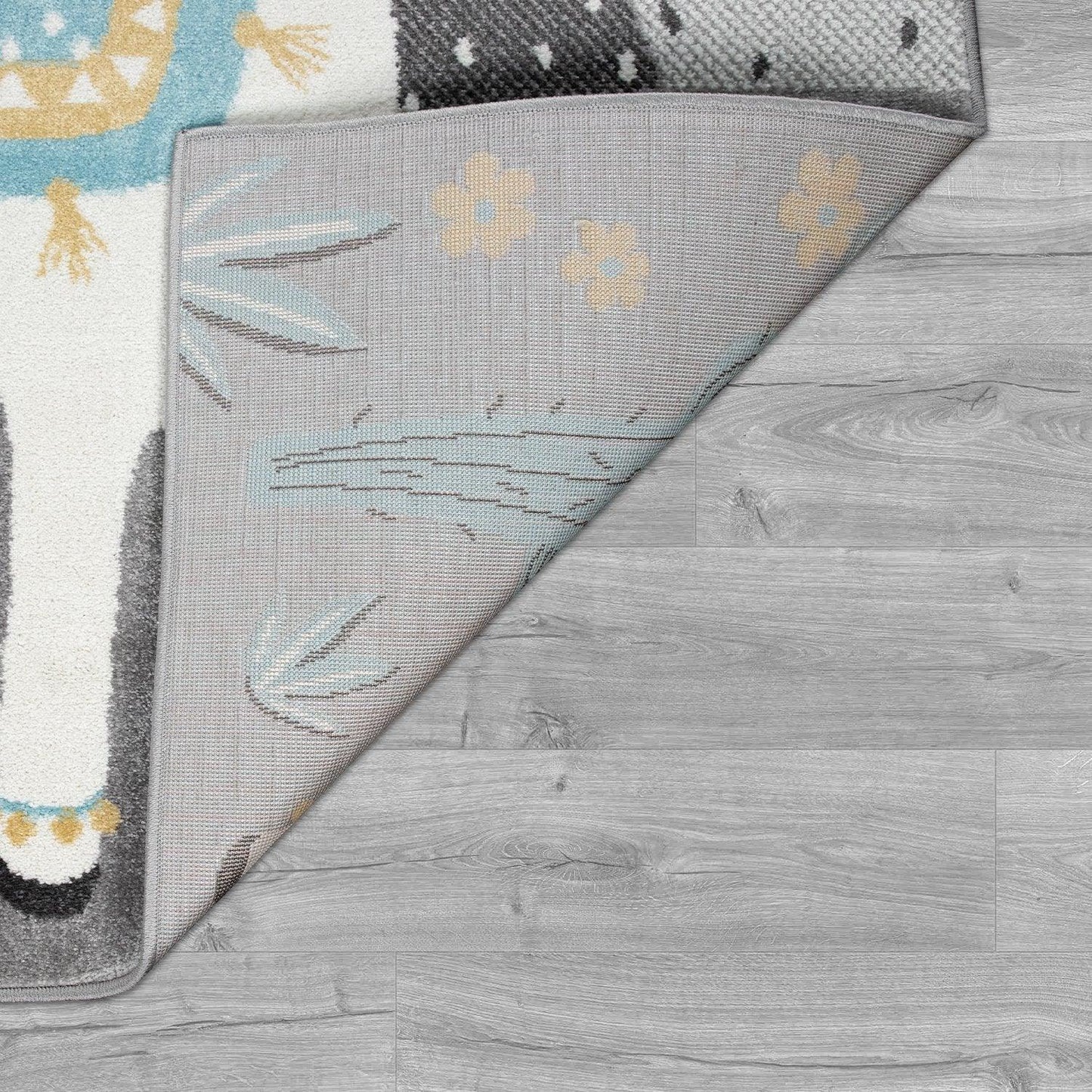 Nursery Rug For Kids Llama, Mountains in Grey Blue Cream-2