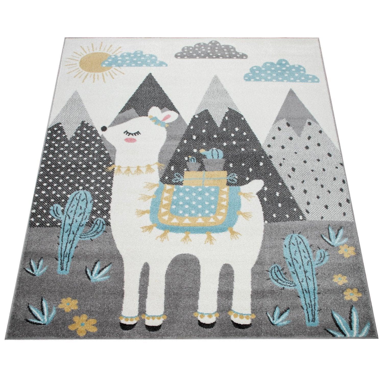 Nursery Rug For Kids Llama, Mountains in Grey Blue Cream-4