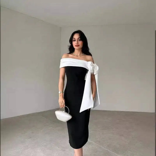 Off-shoulder Color Matching Elegant Cocktail Dress