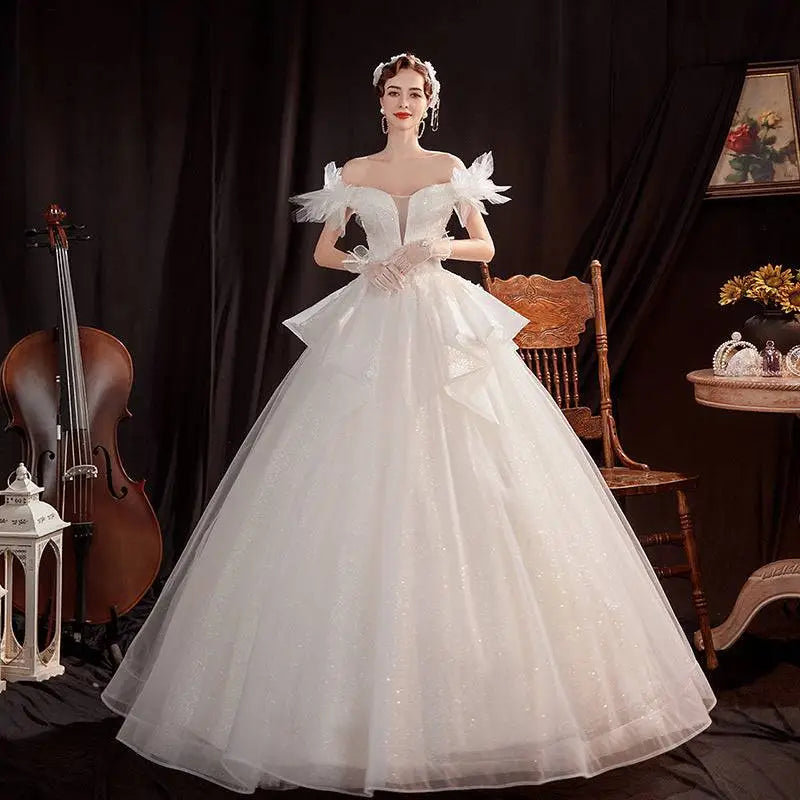 Off the Shoulder Lace Tulle Wedding Dress Court Fashion