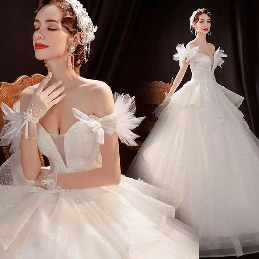 Off the Shoulder Lace Tulle Wedding Dress Court Fashion