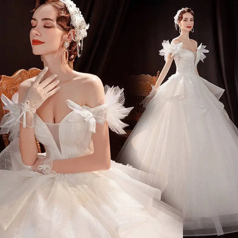 Off the Shoulder Lace Tulle Wedding Dress Court Fashion