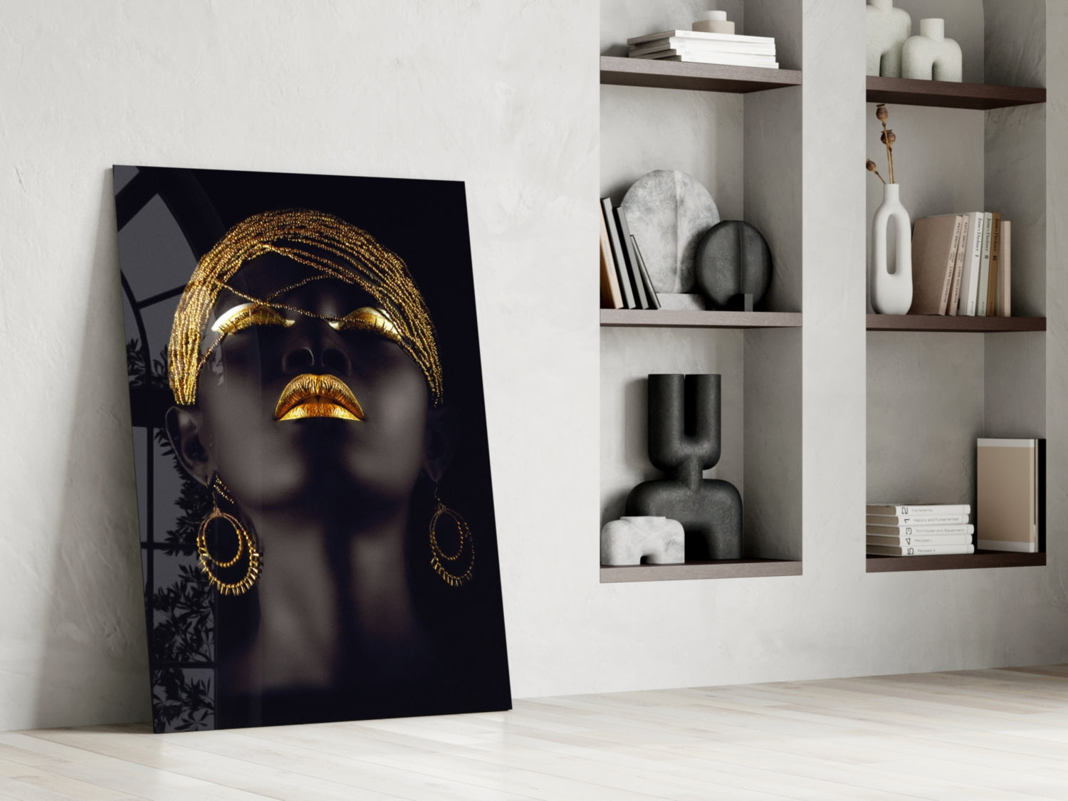 Artistic portrait of a woman with gold makeup and jewelry on a black background, leaning against a wall in a modern interior setting. Gold Beaded Headdress Woman Glass Wall Art