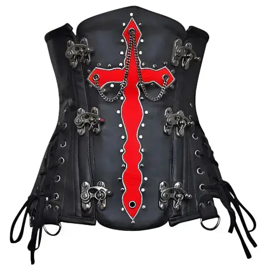 Women’s Olesya Blood Crossed Black Faux Leather Underbust Corset-0