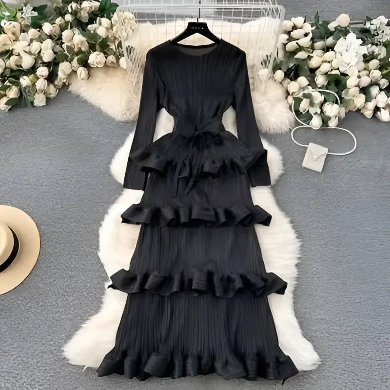 Olive Green Cake Heavy Industry Pleated Long Dress