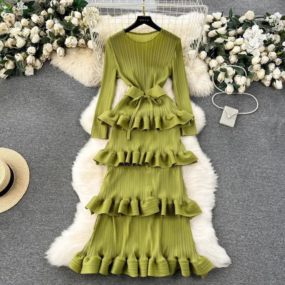 Olive Green Cake Heavy Industry Pleated Long Dress