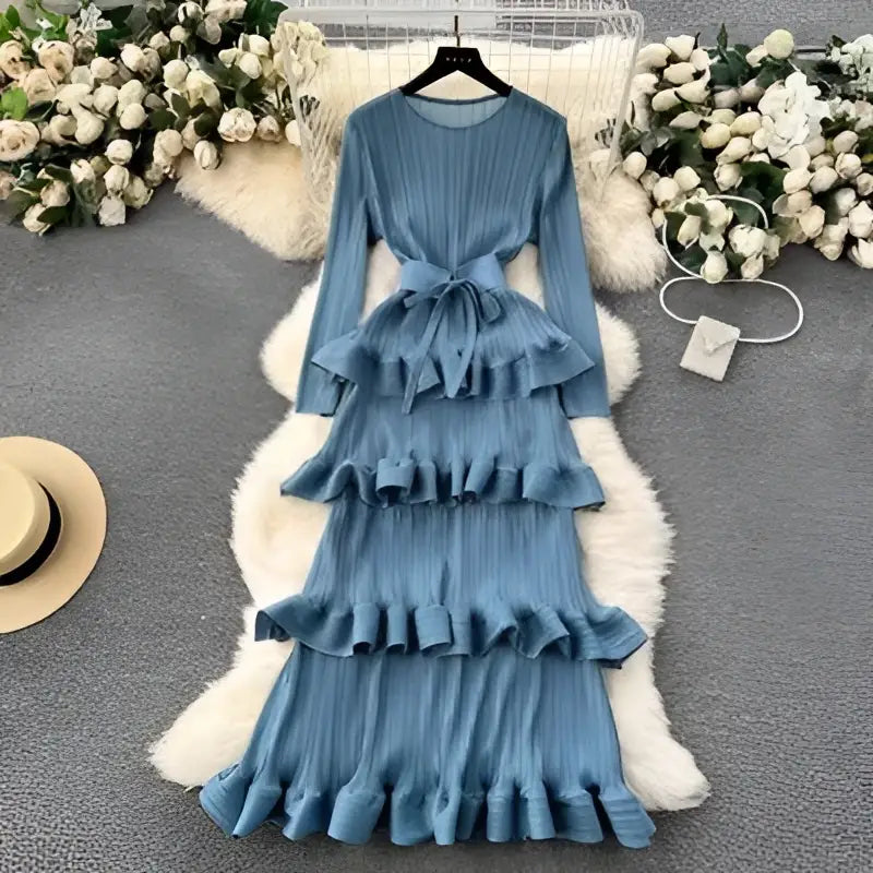 Olive Green Cake Heavy Industry Pleated Long Dress